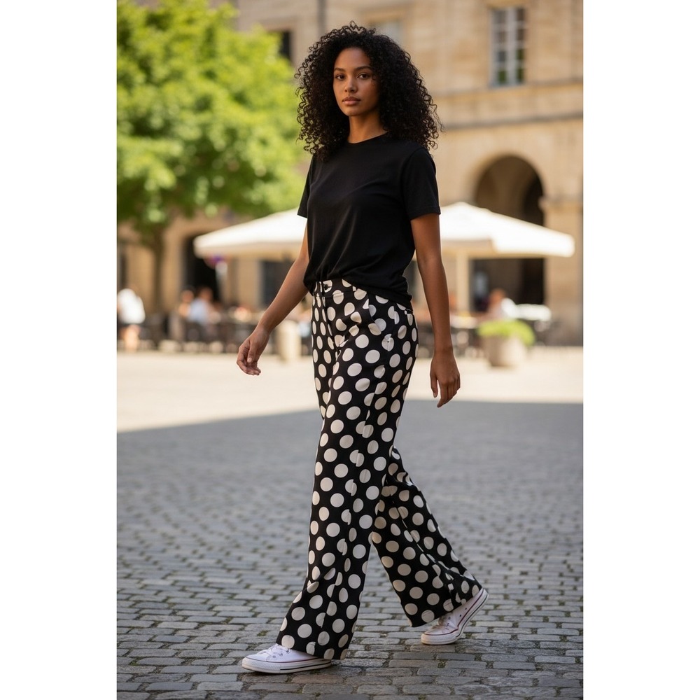 Zara Studio Black White Polka Dot Wide Leg Pants Viscose High Rise Womens Small